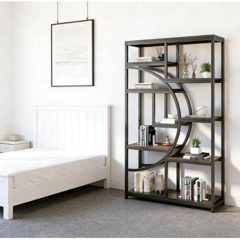 Bücherregal schwarz aus Metall und Holz mit 9 offenen Fächern im geometrischen Design (1/4)