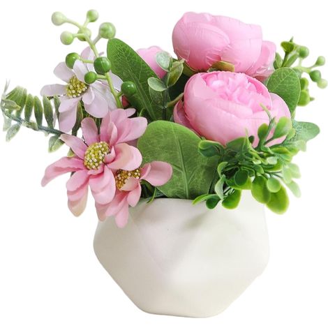 Bouquet de fleurs artificielles, fleurs en plastique longue durée, pot géométrique décoratif + pivoine magenta (1/2)