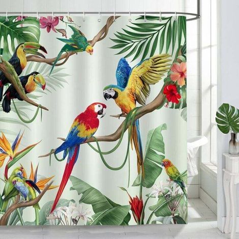 Parrot Pattern Shower Curtain with Green Leaves, Waterproof, Mildew Resistant, and Washable with 12 Hooks (1/4)