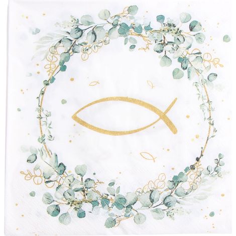 Lot de 40 serviettes pour la communion (garçon/fille), serviettes de confirmation, serviettes de baptême, serviettes en papier eucalyptus pour la décoration de table (motif poisson), baptême et commun (1/5)