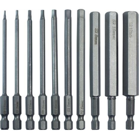100 mm langer Sechskant-Bit-Satz mit Aufbewahrungsmöglichkeit, S2-Sechskantschaft H1,5–H12, farbiger Metall-Inbusschlüssel, 10-teilig (1/4)