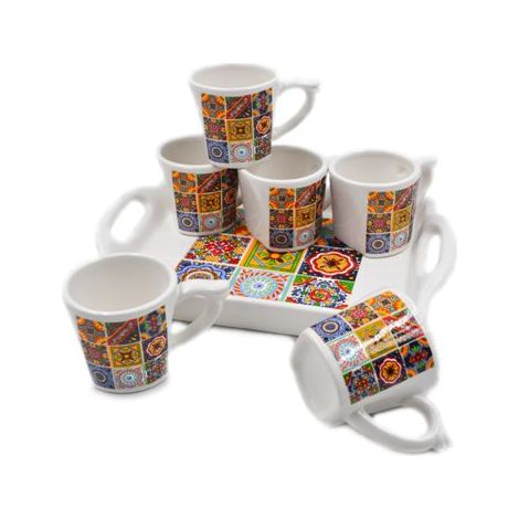 Set 6 Tazze Tazzine Caffe' in Ceramica con Vassoio Decoro Sicily (1/2)