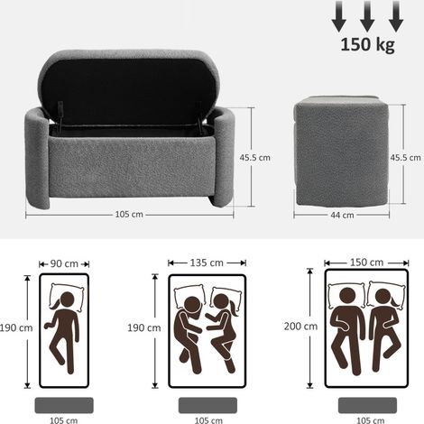 Banco arcón tapizado con tapa, efecto terciopelo, 105 x 44 x 45,5 cm, gris OKMYHOME (1/5)