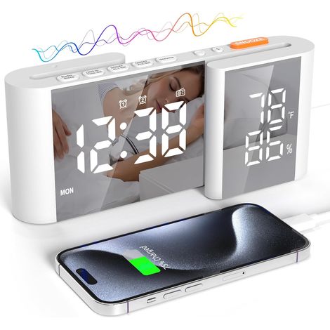 Radio Réveil pour Chambre à Coucher Radio FM Horloge LED avec Miroir Snooze USB Charge Port Volume Luminosité Réglable Blanc (1/5)