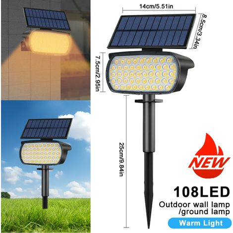 (1 spot solaire blanc chaud, 108 LED) - Projecteur solaire extérieur étanche pour jardin et aménagement paysager - 3 modes d'éclairage - Applique murale - Porte - Cour - Garage - Terrasse (1/5)