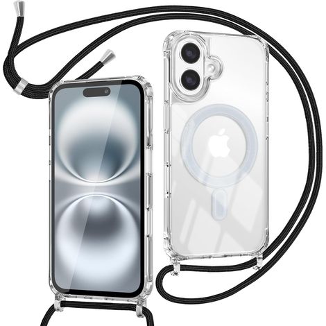 Coque pour iPhone 16 avec Cordon Compatible avec MagSafe, Housse Magnétique Transparente Étui avec Collier Réglable Résistant Silicone Case, Chaîne Noir (1/5)
