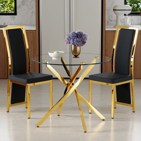 Set da pranzo 88x88x75 cm in vetro temperato e metallo nero e dorato per spazi piccoli – MEUBLIV (1/5)