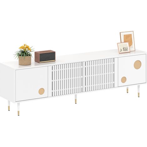 Mueble para TV con estructura de rejilla, tiradores ocultos y detalles dorados. Muebles para salón. Dos puertas de madera maciza.