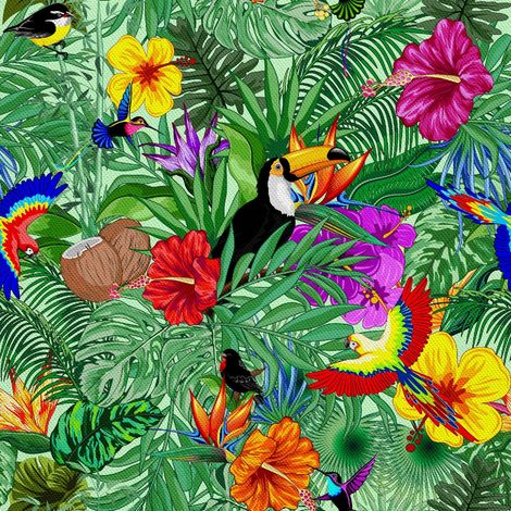 Tela Oxford decorativa para exteriores con estampado de aves exóticas en la selva. (1/5)