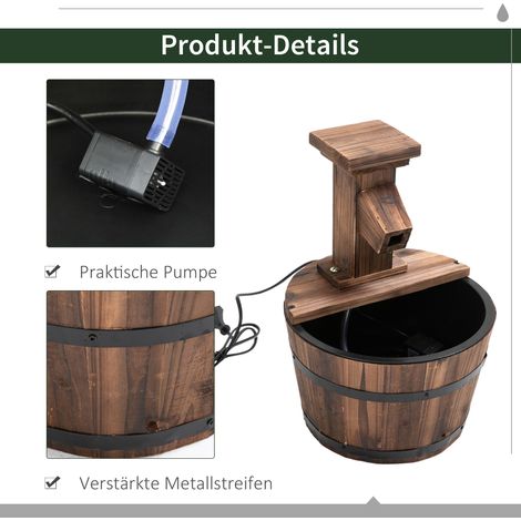 Fontaine électrique extérieure, bassin décoratif en bois avec robinet et pompe, cascade pour jardin pelouse Ø27 x 37 cm, aspect brûlé (1/5)