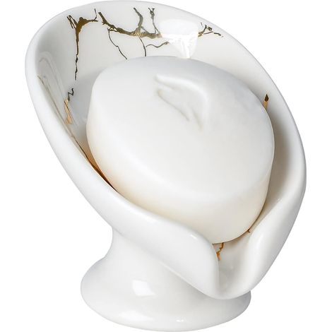 Seifenschale, selbstentleerende, blattförmige Seifenschale, Keramikseifenschale mit Abfluss für Waschbecken, Badezimmer, Dusche, Küche, E-AquaForge (1/4)
