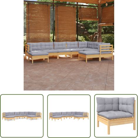 INLIFE Salon de jardin 9 pcs avec coussins gris Bois de pin (1/5)