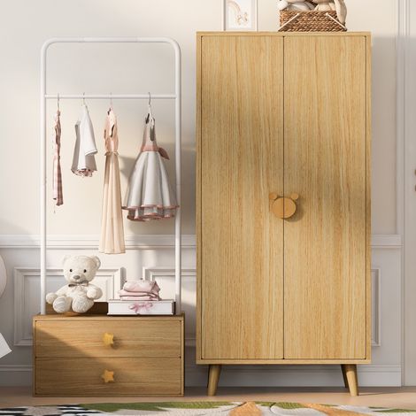 Kleiderschrank kinderzimmer 140x55x170cm - doppeltür mit kleiderstange und ablagen sterngriffe - skandinavischer stil mdf holz - natur (1/5)