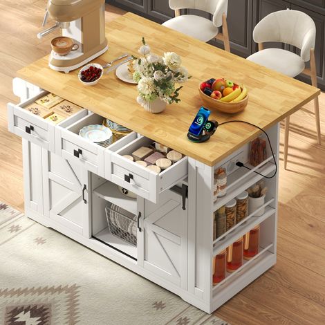 Îlot de cuisine mobile avec plan de travail rabattable, chariot de cuisine avec portes coulissantes, buffet avec prises et étagère à 3 niveaux, 130 × 50 (80) × 87 cm (1/5)