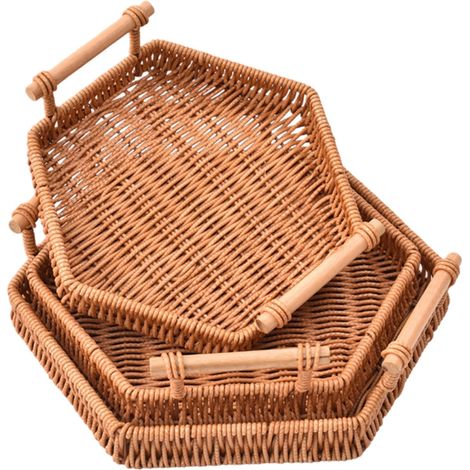 corbeille à fruits hexagonale plateau avec poignée plateau en rotin synthétique panier à goûter disponible en 3 tailles 21 cm 24 cm et 27 cm finition bois élégant panier à fruits noir ensemble 3 pièce (1/5)