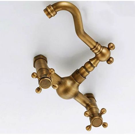 Retro-Wandarmatur für Küchenspülen mit 2 Warm- und Kaltwasserhähnen, 360-Grad-Schwenkauslauf, Vintage-Stil, universelle Badezimmerarmatur, goldener drehbarer Wasserauslauf (1/5)