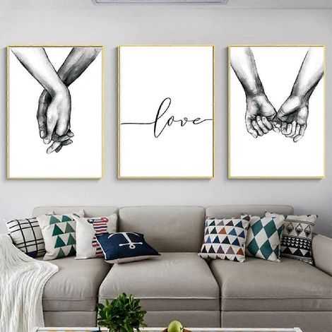 Ensemble de 3 tableaux minimalistes sans cadre, « Main dans la main », impression d'art minimaliste sur toile en noir et blanc, esquisse murale minimaliste (1/3)