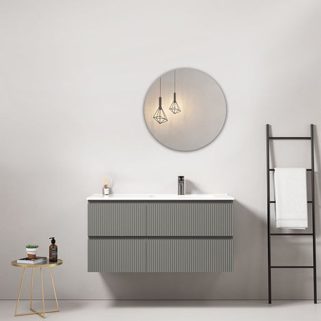 Mobile bagno sospeso cannettato 100 cm Grigio Londra Lavabo a Destra in Ceramica Specchio Tondo - Fiji Paint