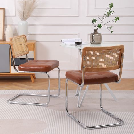 Ensemble de chaises de salle à manger en rotin marron (lot de 2) avec coussin en cuir et dossier en maille (1/4)