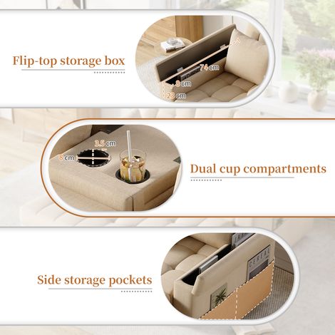 Canapé-lit 2 places avec rangement, dossier réglable et accoudoirs de stockage, coussins inclus, convertible polyvalent pour salon, chambre ou appartement, beige (1/5)
