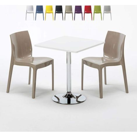 Table Carrée Blanche 70x70cm Avec 2 Chaises Colorées Grand Soleil Set Intérieur Bar Café Ice Cocktail - Beige (1/5)