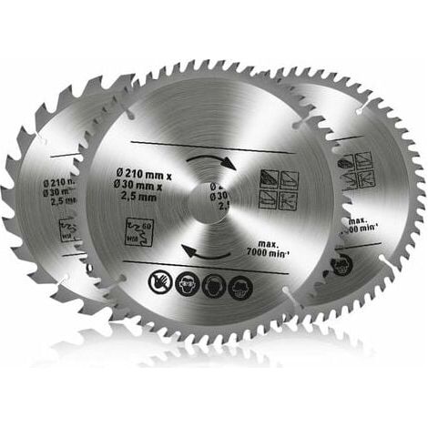 Set mit 3 Kreissägeblättern aus Wolframkarbid, 24 Zähne, 48 Zähne, 60 Zähne, TCT-Sägeblätter für Holz, Metall und Aluminium (210 x 30 mm) (1/5)