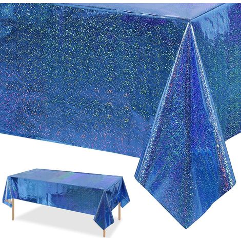 1 nappe en plastique irisé jetable rectangulaire brillante pour garçons ou filles, décoration de fête, mariage, anniversaire, 137 x 274 cm (bleu) (1/5)