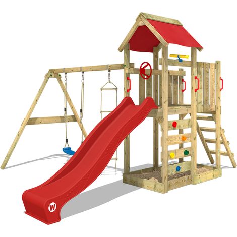 Aire de jeux en bois Wickey MultiFlyer avec balançoire et toboggan 220 cm – Bac à sable intégré – Poteaux en bois massif – Garantie 10 ans