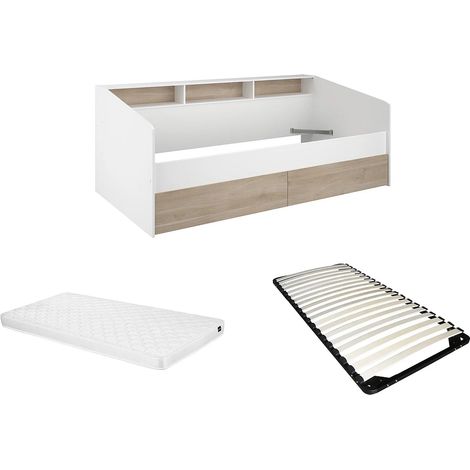 Letto Con vani portaoggetti 90 x 190/200 cm Bianco e Naturale + Rete a doghe + Materasso - PAULETTE (1/5)
