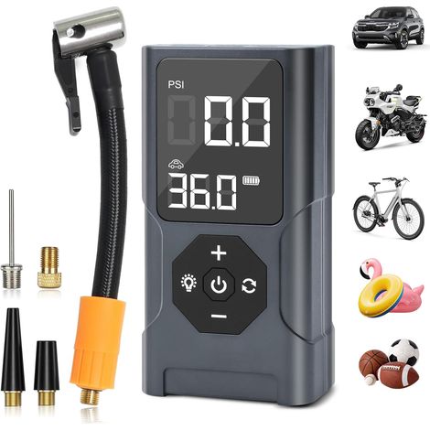 Tragbarer Luftkompressor, Autoreifenfüller, Fahrradpumpe, kabelloser Reifenfüller mit 3600-mAh- und 12-V-Gleichstromakku, LED-Anzeige und automatischer Abschaltung für Auto, Fahrrad und Basketball