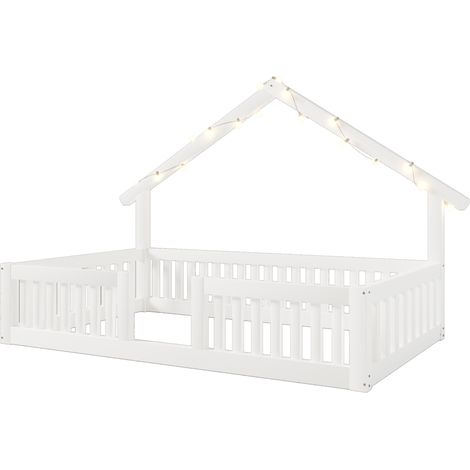 Cama casita para niños 90x200 cm de madera blanca con barrera de seguridad y luces LED (1/5)