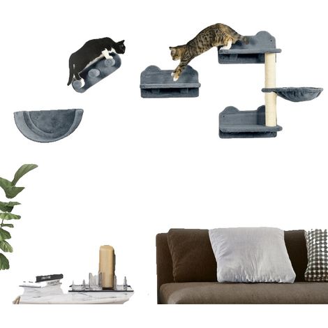 Conjunto de pared para trepar gatos, postes rascadores de sisal, perchas de felpa suave, gris - Tablero de partículas (1/2)