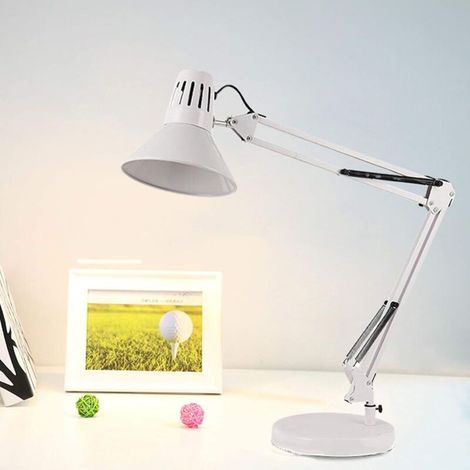 Lampe de bureau LED avec protection oculaire, lampe de table d'architecte en métal, bras pivotant réglable super long pour la lecture，Blanc