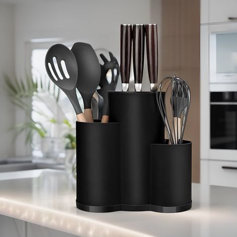 Organisateur 3 en 1 K - Porte-ustensiles de cuisine - Organisateur de vaisselle - Organisateur de plan de travail - 23 x 11,2 x 22,5 cm - Noir - Plastique noir (1/5)