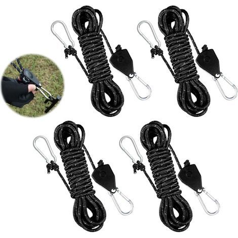 4 Pièces Cordes à Cliquet Réglable, 4m x 4mm Corde de Tente Réfléchissante, Corde de Haubanage de Tente avec Tendeur de Corde, Corde de Camping Légère à Cliquet, Ratchet Ropes pour Tentes, Auvents (1/4)