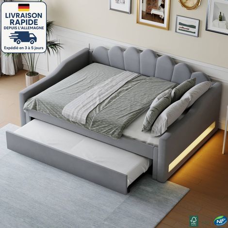MODFU - Sofá cama LED adulto 140x200cm con cama nido 90x190cm, cama doble, somier acolchado, sin colchón, color gris (1/5)