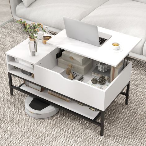 Table Basse à Plateau Relevable Table de Salon avec Compartiment Caché et Etagère de Rangement Amovible Table Centrale Rabattable Blanc CW54400 (1/3)