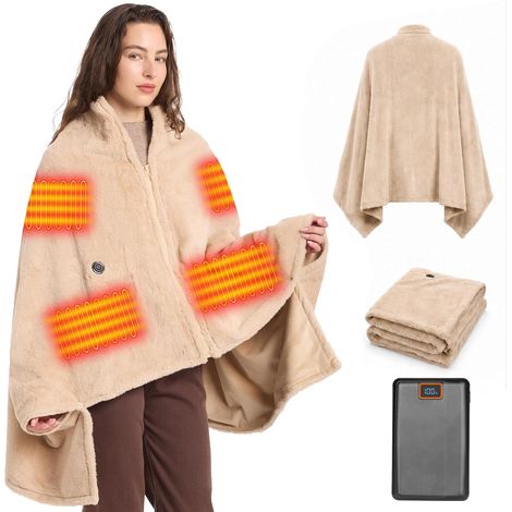 Couverture Chauffante sans Fil 160x90cm, Plaid Chauffant avec Batterie 16000mAh, 6 Zones, 3 Températures, Poncho Flanelle pour Canapé, Bureau, Camping, Voiture, Femme Homme, Kaki (1/5)