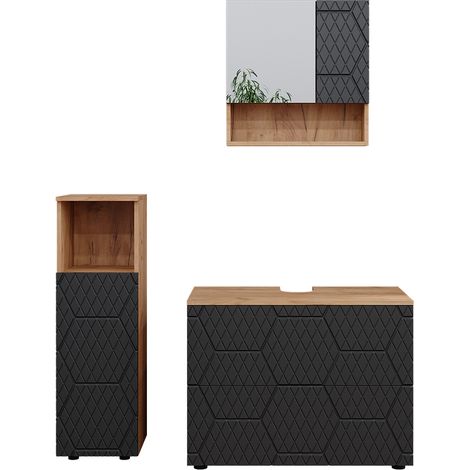 Meubles bain Irma, Anthracite avec structure en nid d'abeille, 3 pièces, avec armoire de milieu, Vicco