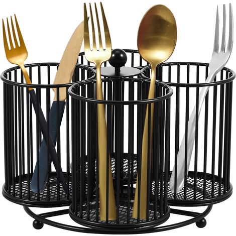 Porte-ustensiles métallique rotatif 360° - 4 compartiments - Rangement multifonction pour plan de travail - Organisateur de couverts pour cuisine, pique-nique, camping, extérieur (noir)