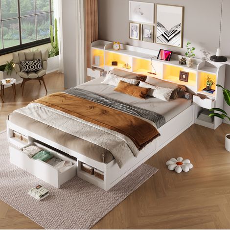 Letto a piattaforma 180x200 cm bianco in MDF e compensato con contenitori, LED e porta USB (1/5)