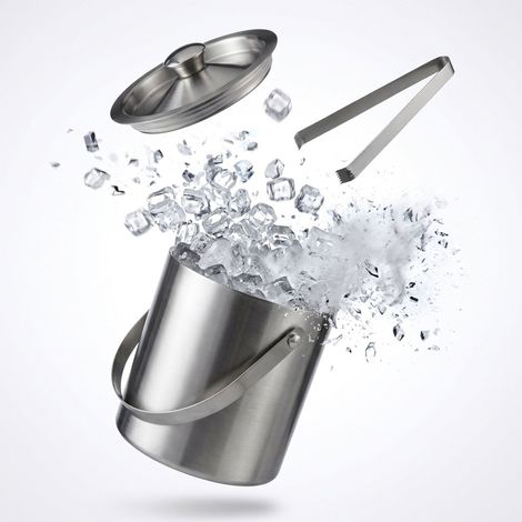 Relaxdays Round Ice Bucket with Lid, Ice Tongs, Ice Cube Container for Bars and Parties, 2 L, Wine Cooler, HxWxD: 17x15x15cm, Silver (1/5)