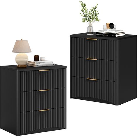 Table de chevet noir à 3 tiroirs, design rainuré élégant, poignées métalliques dorées, fermeture silencieuse et structure MDF stable, pour chambre - CHICFURN (1/5)