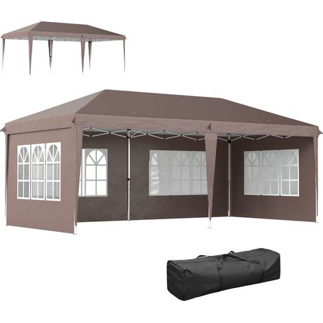 Faltbarer 6x3 m Pop-up-Pavillon mit 4 abnehmbaren Seitenwänden, Gartenpavillon mit 4 Fenstern und Tragetasche, Braun