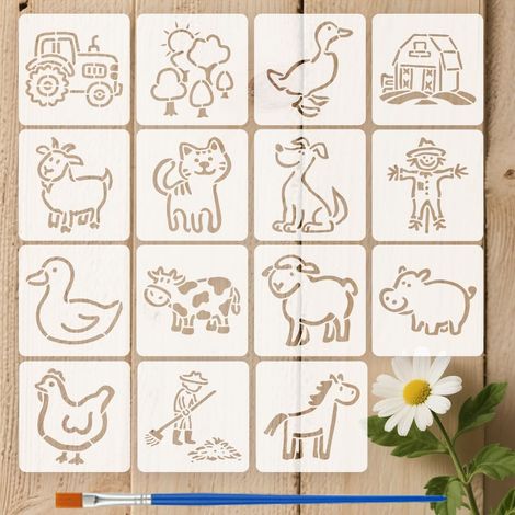 15Pcs Pochoirs Style Ferme Avec Un Pinceau 15x15cm Pochoirs Thème Ferme 15Style Modèle Dessin Animaux de Cartoon Modèles créatifs réutilisables pour DIY Artisanat Décor Mur Projets (1/5)