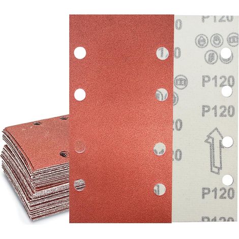 Feuilles abrasives 93 x 185 mm, 8 trous, grain 120, papier de verre carré auto-agrippant à 8 trous Accessoires Ponceuse excentrique(Lot de 30) (1/5)