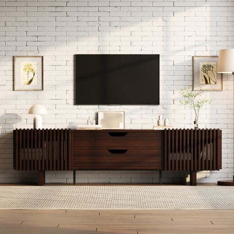 Meuble TV, 180x40 x45 cm, noyer foncé, avec deux tiroirs et des portes d'armoire originales. Convient aux téléviseurs jusqu'à 75 pouces (1/5)