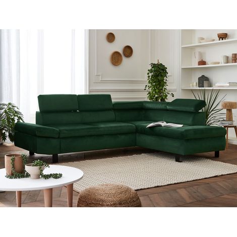 Lisa Design – Canapé d'angle convertible 5 places en velours – Têtières réglables – Couchage 185x121 cm – Fabrication Europe – Vert sapin (1/5)
