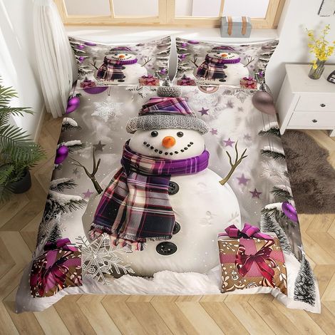 Bonhomme de Neige Literie Set Garçons Filles Enfants Décorations de Noël Housse de Couette 140x200 Thème d'hiver Parure de Lit Bonne Année Couvre Lit Flocons de Neige Joyeux Noël Literie - 140x200cm + (1/5)