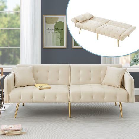 Divano letto in velluto a 2 posti con schienale e braccioli regolabili, adatto per soggiorno/camera da letto, 178×82×70cm, beige (1/5)